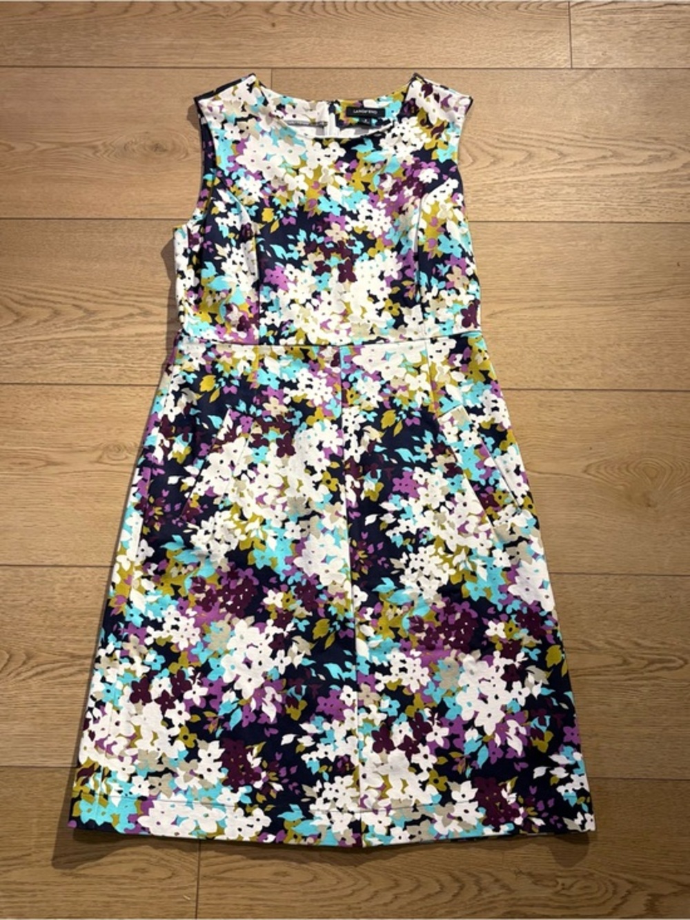 Lands’ End Floral Fit & Flare Sleeveless Dress Size 8 Pockets Stretch Knit